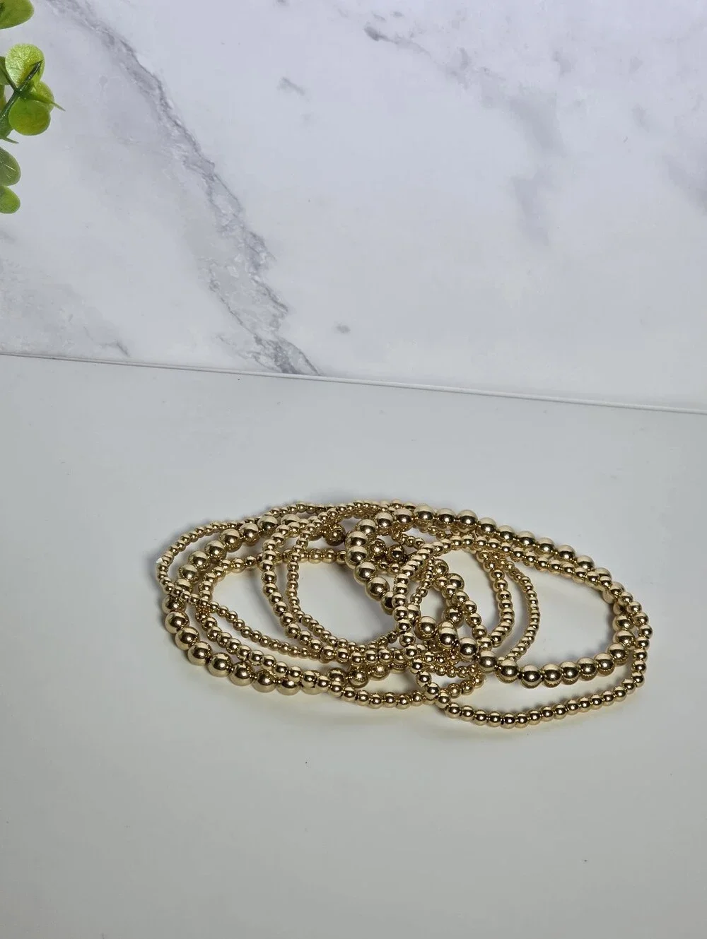 Gold Beaded Stretch Bracelet Stack - Women Accessories